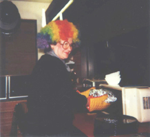 Considering she lived in the kitchen, it's odd that this is the only photo I have of Moo cooking. It was a Super Bowl party, hence the wig.
